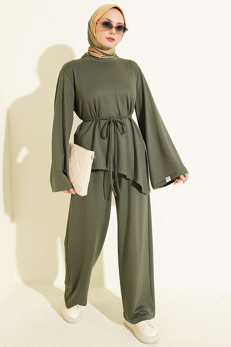 Asymmetric Two-Piece Set with Tie Cord - Khaki