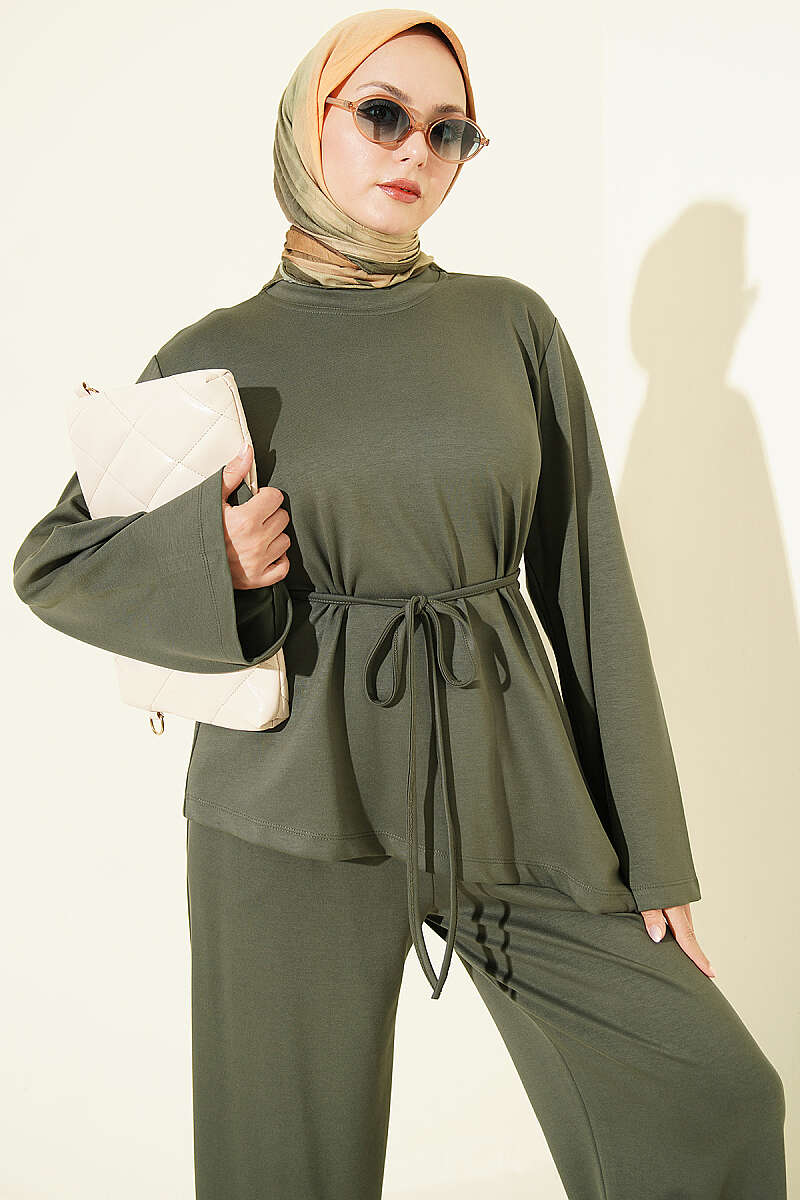 Asymmetric Two-Piece Set with Tie Cord - Khaki