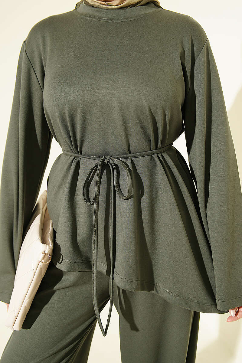 Asymmetric Two-Piece Set with Tie Cord - Khaki