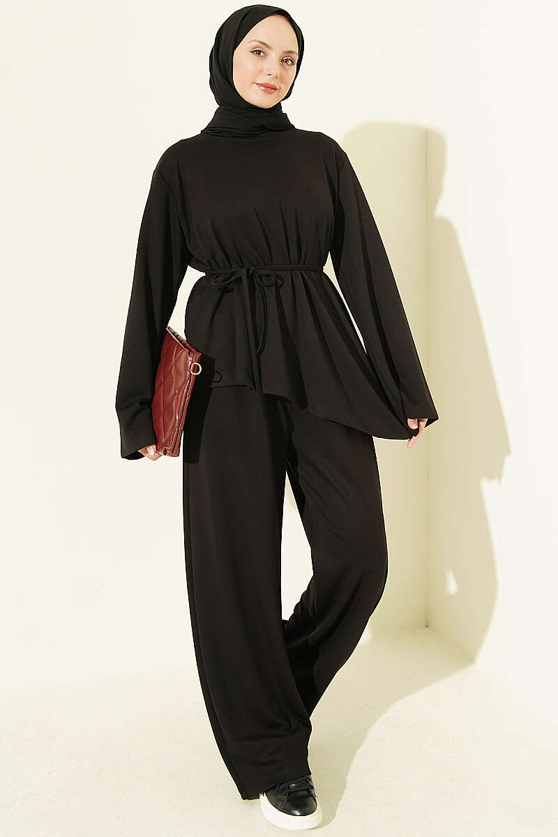 Asymmetric Two-Piece Set with Tie Cord - Black
