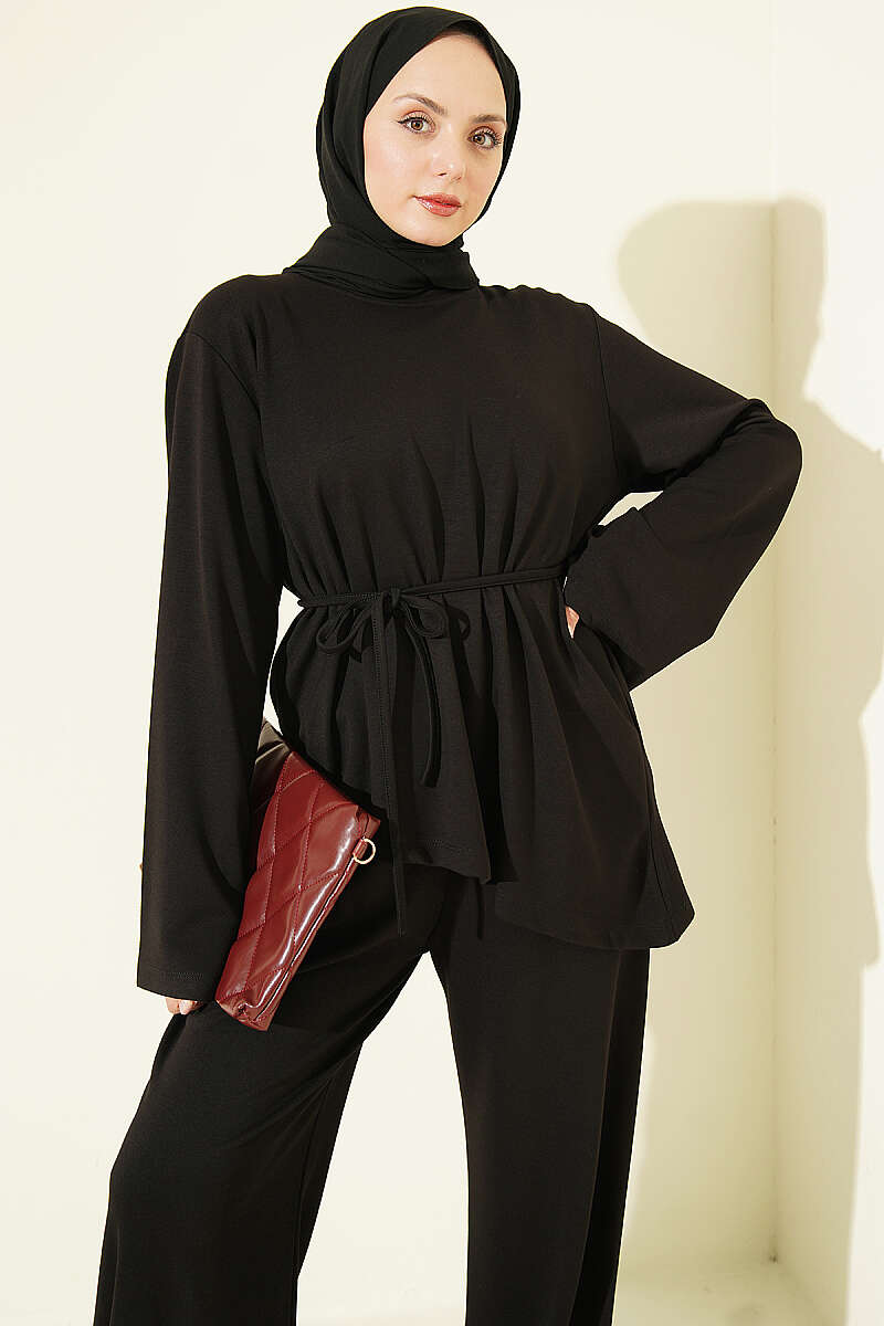 Asymmetric Two-Piece Set with Tie Cord - Black