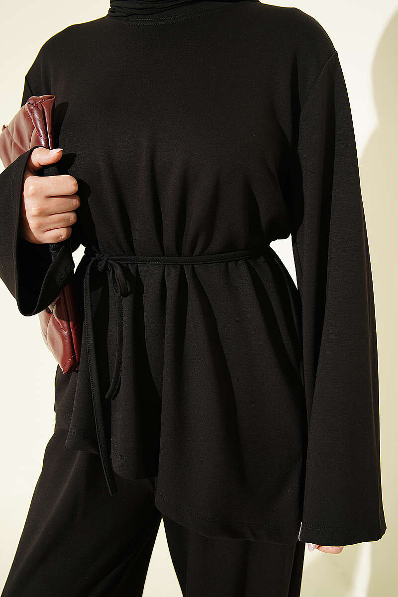 Asymmetric Two-Piece Set with Tie Cord - Black