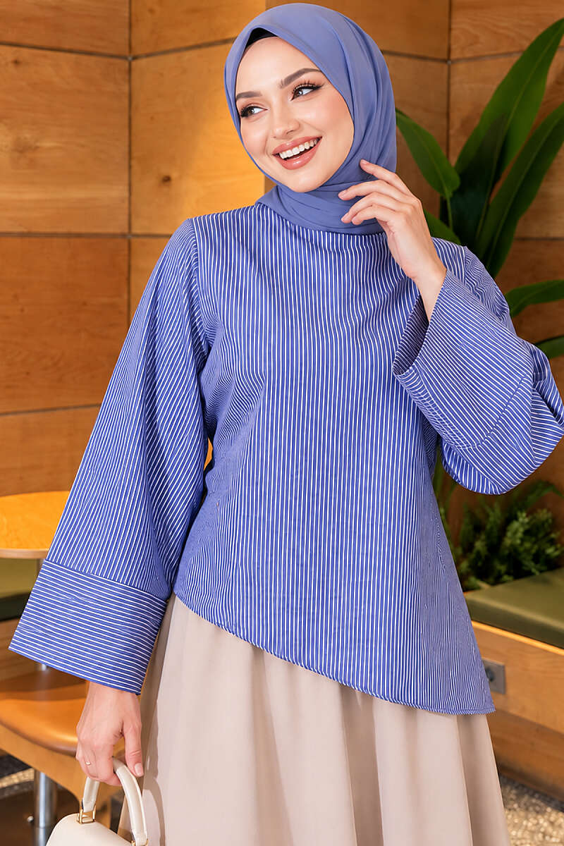 Asymmetric Wide-Stripe Tunic - Navy