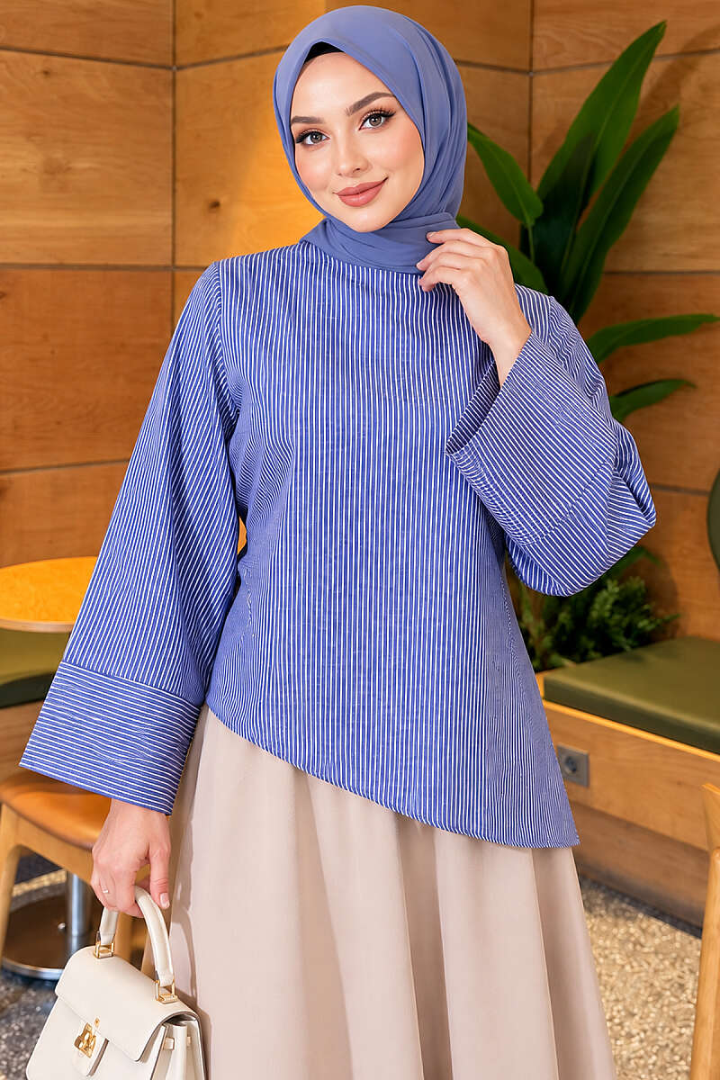 Asymmetric Wide-Stripe Tunic - Navy