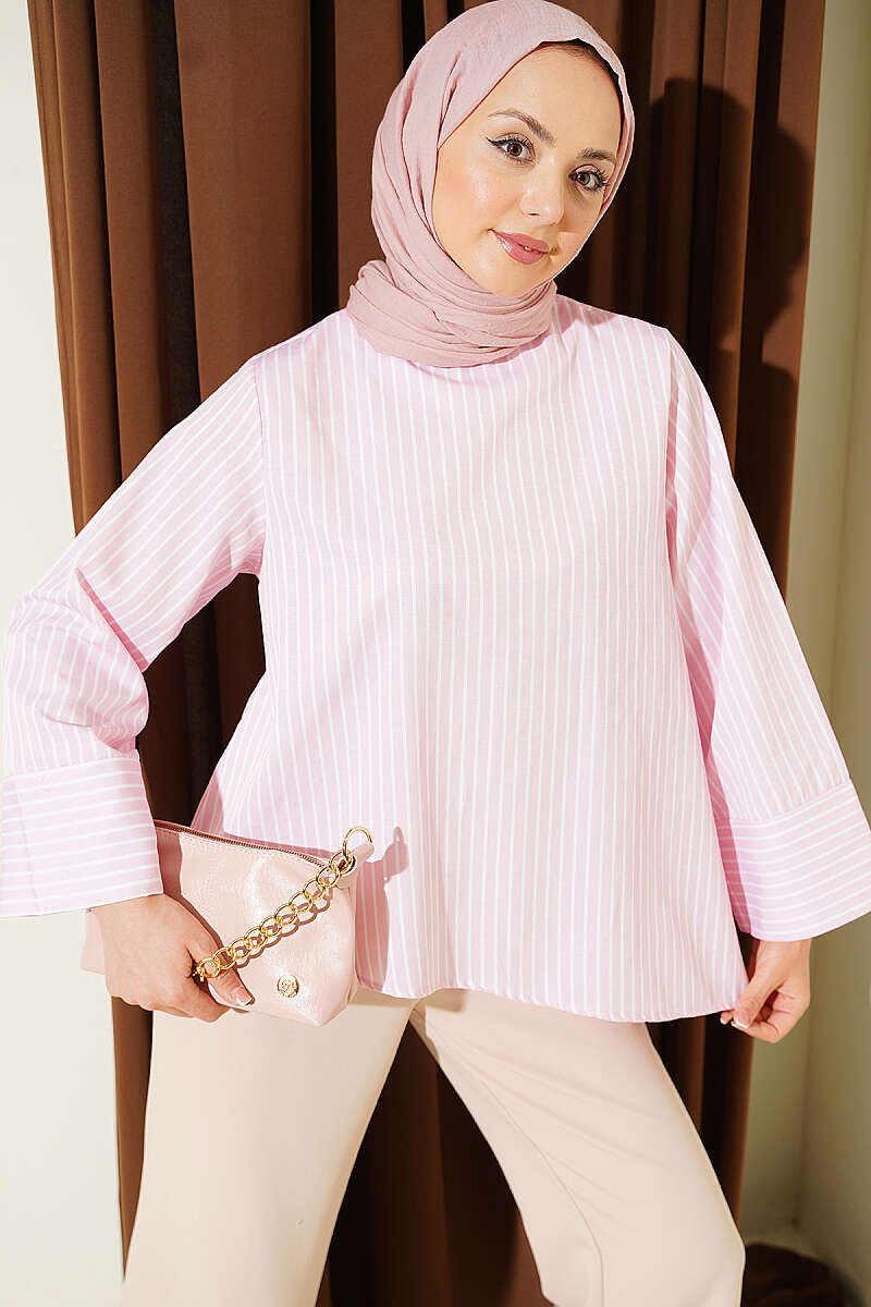 Asymmetric Wide-Stripe Tunic - Pink