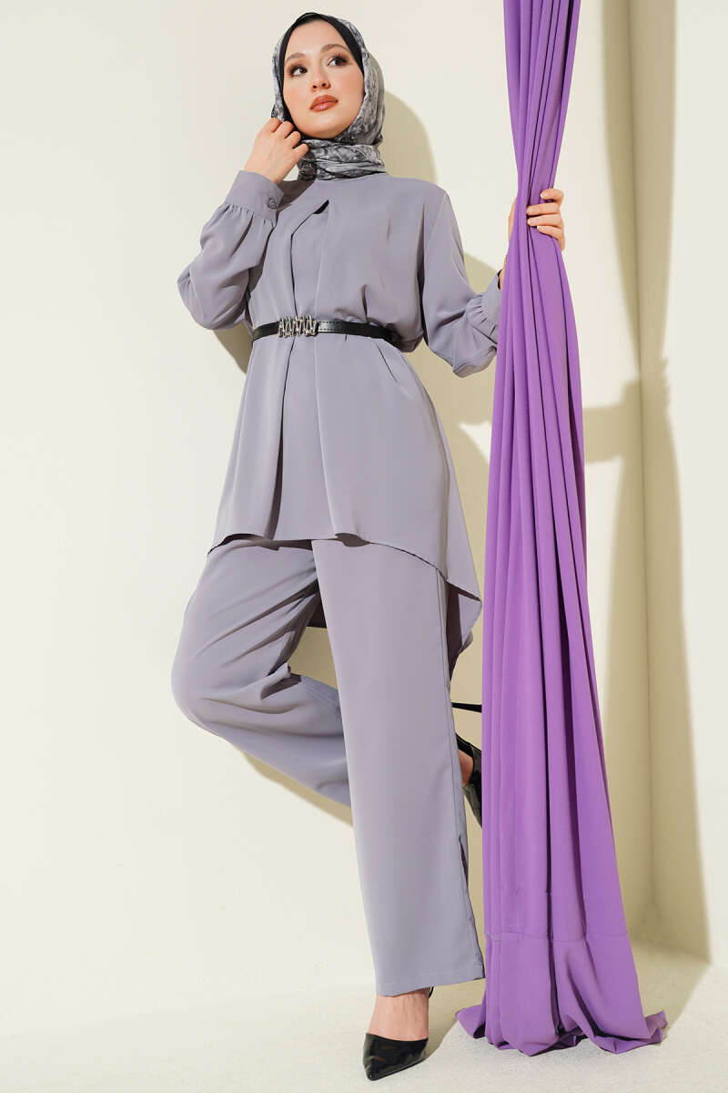 Belted Asymmetric Tunic Set - Grey