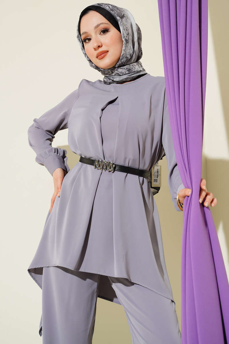 Belted Asymmetric Tunic Set - Grey