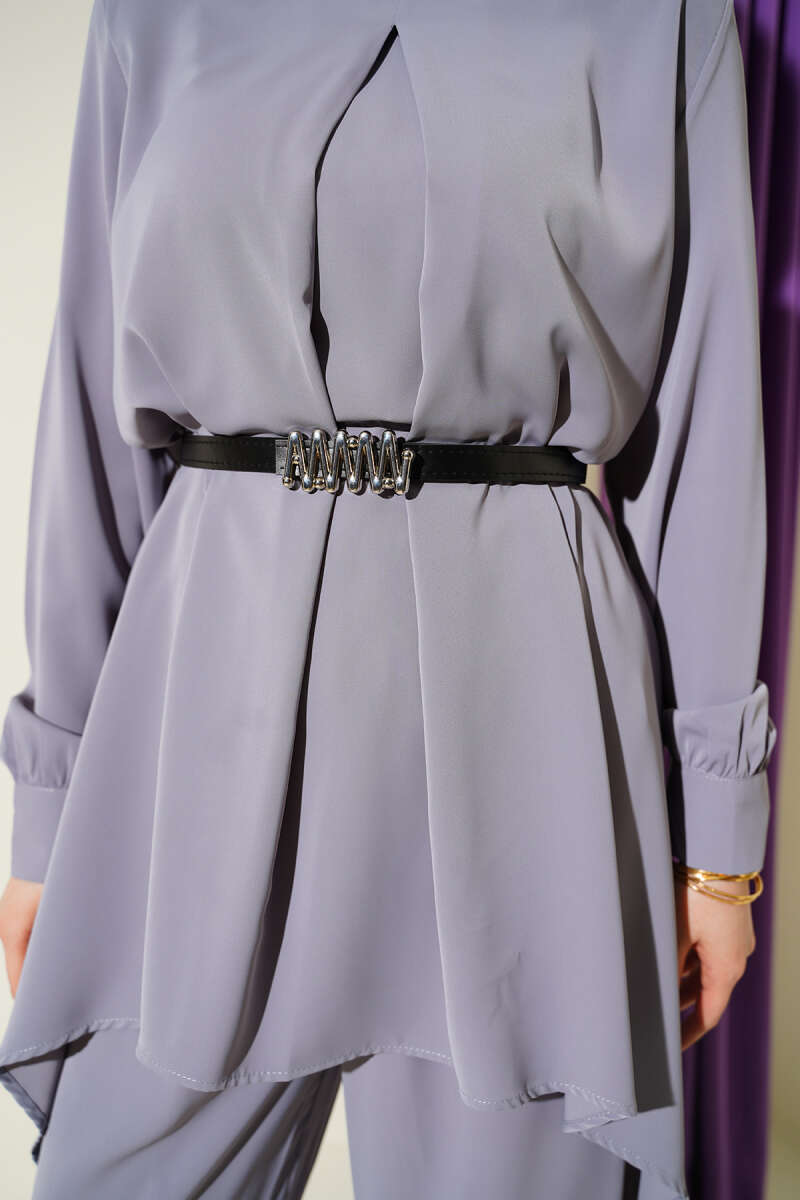 Belted Asymmetric Tunic Set - Grey