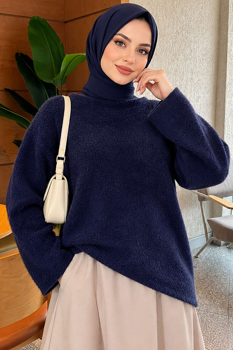 Asymmetric Brushed Sweater - Navy