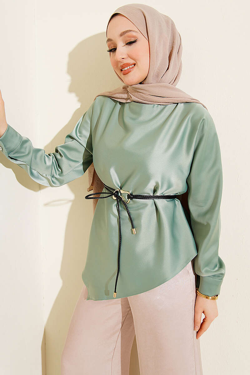 Asymmetric Satin Tunic - Almond Green