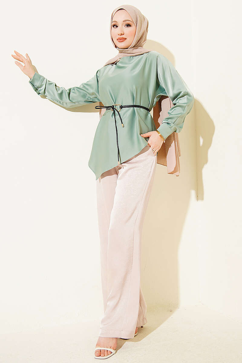 Asymmetric Satin Tunic - Almond Green