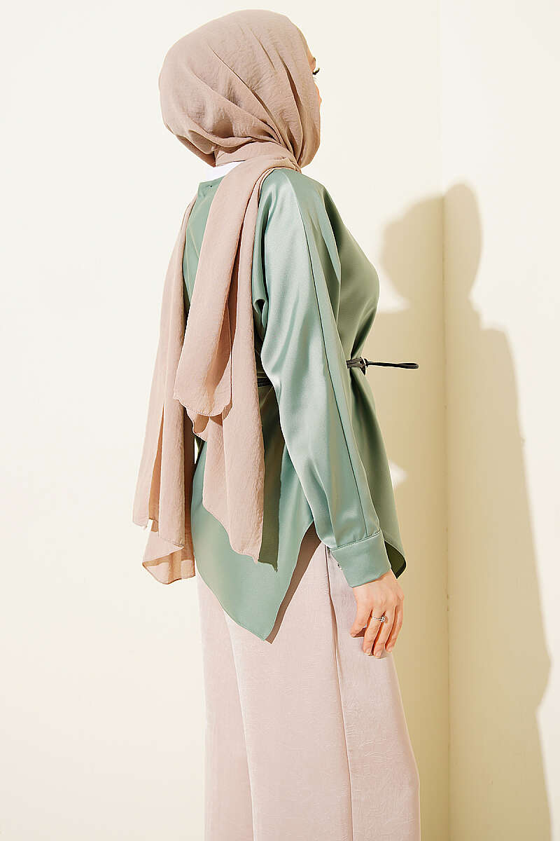 Asymmetric Satin Tunic - Almond Green