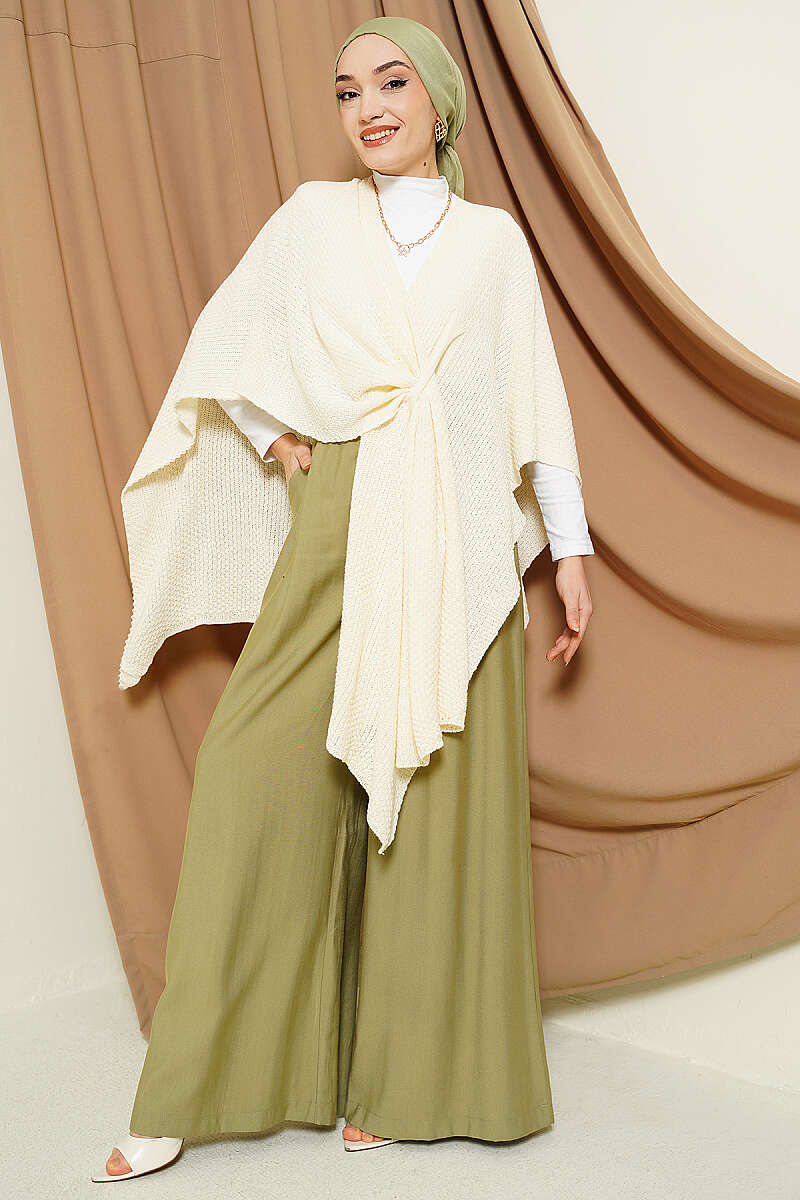 Asymmetric Knit Poncho - Beige