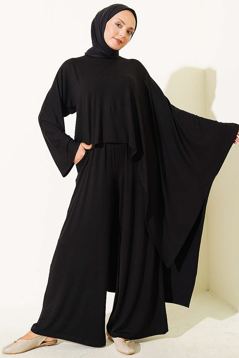 Two-Piece Set with Asymmetric Blouse - Black
