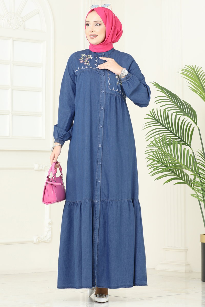 Asymmetric Embroidered Denim Dress - Light Denim