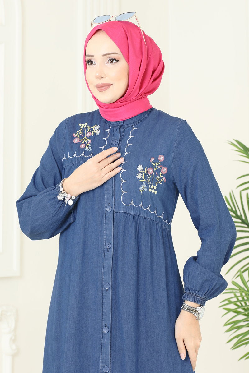 Asymmetric Embroidered Denim Dress - Light Denim