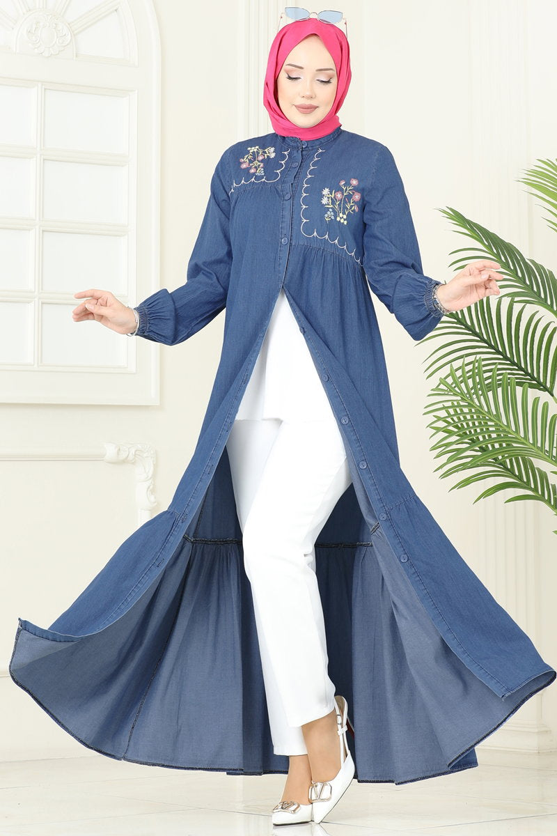 Asymmetric Embroidered Denim Dress - Light Denim