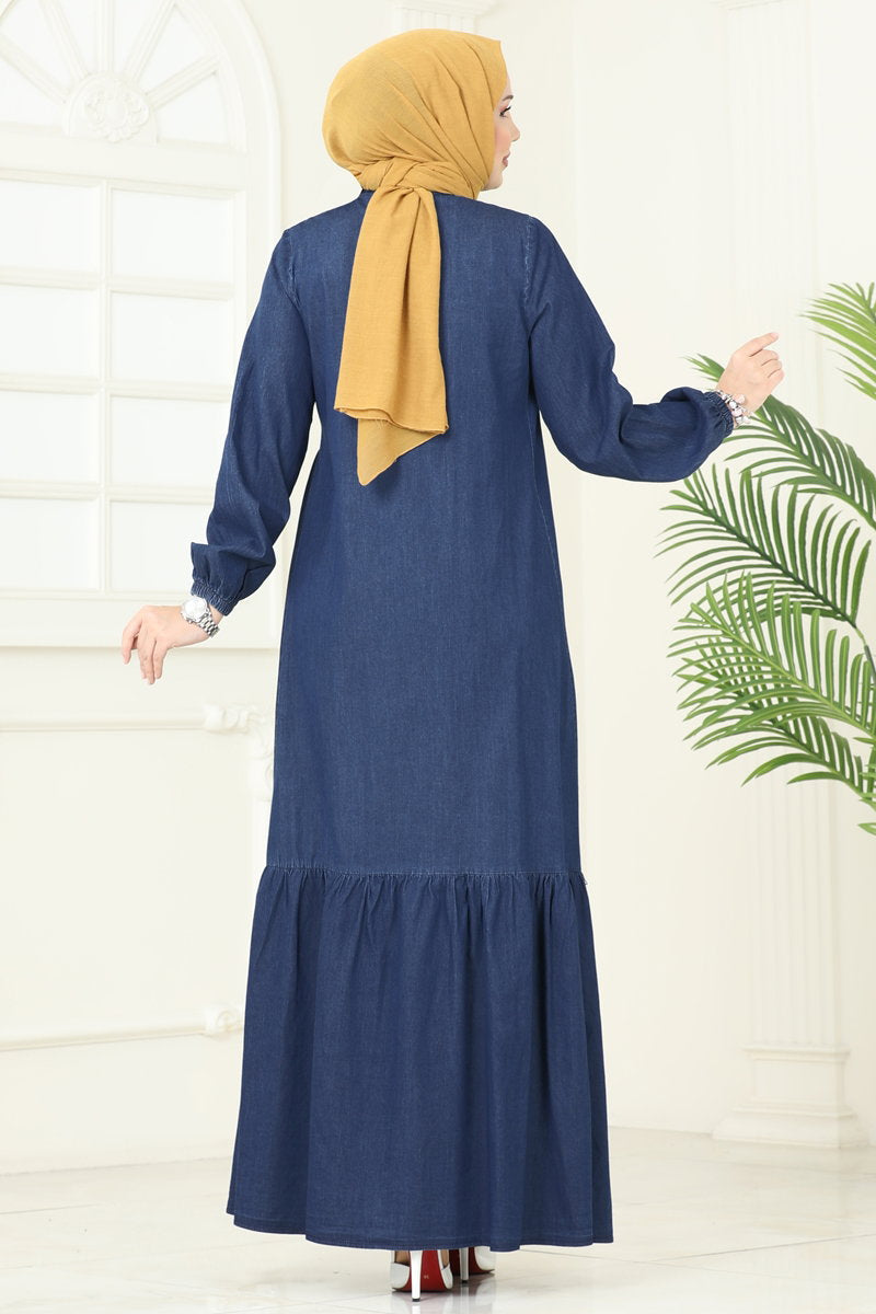 Asymmetric Embroidered Denim Dress - Dark Denim