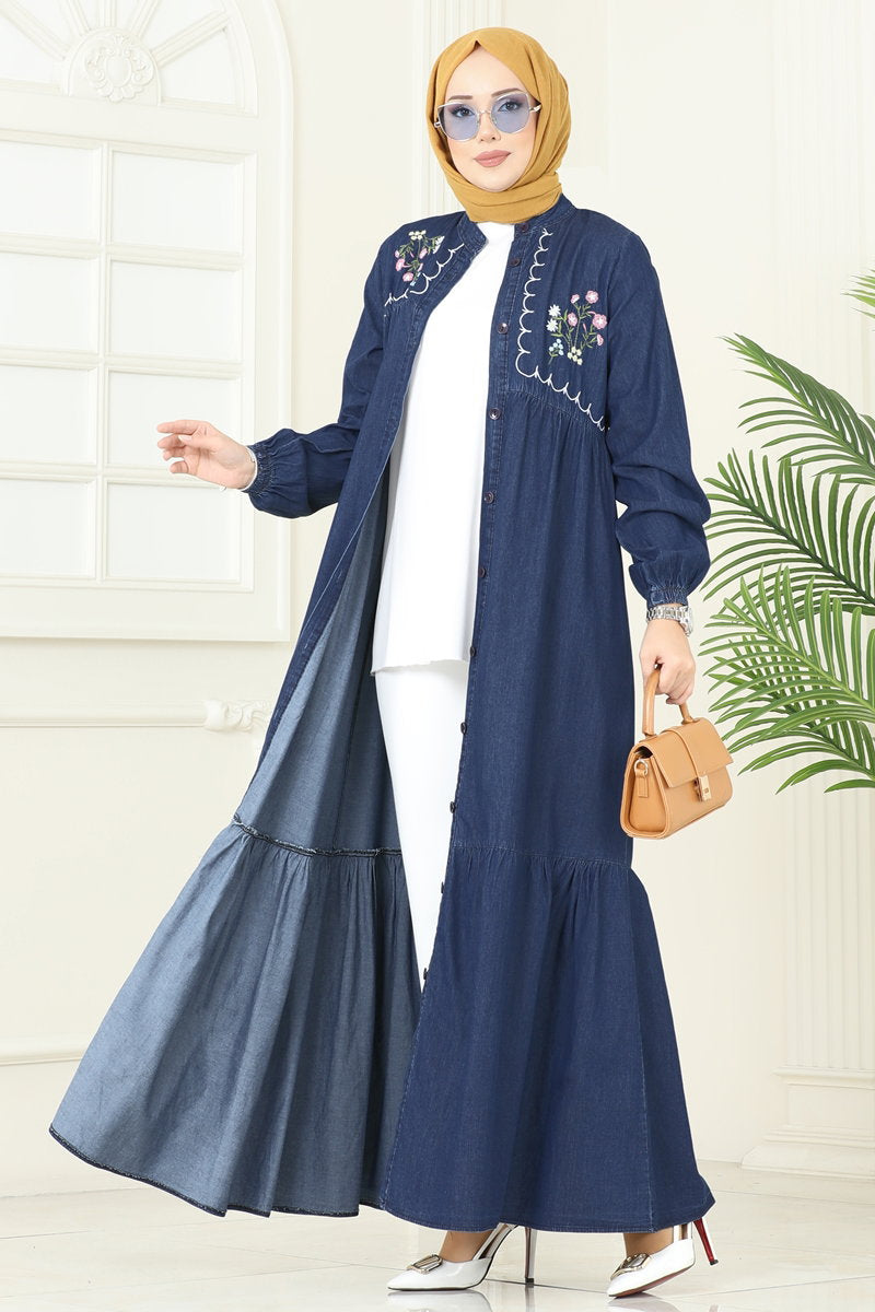 Asymmetric Embroidered Denim Dress - Dark Denim
