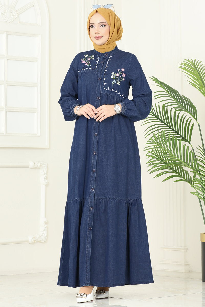Asymmetric Embroidered Denim Dress - Dark Denim