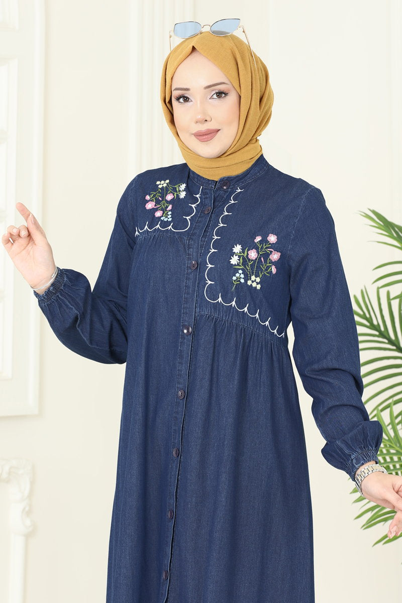 Asymmetric Embroidered Denim Dress - Dark Denim