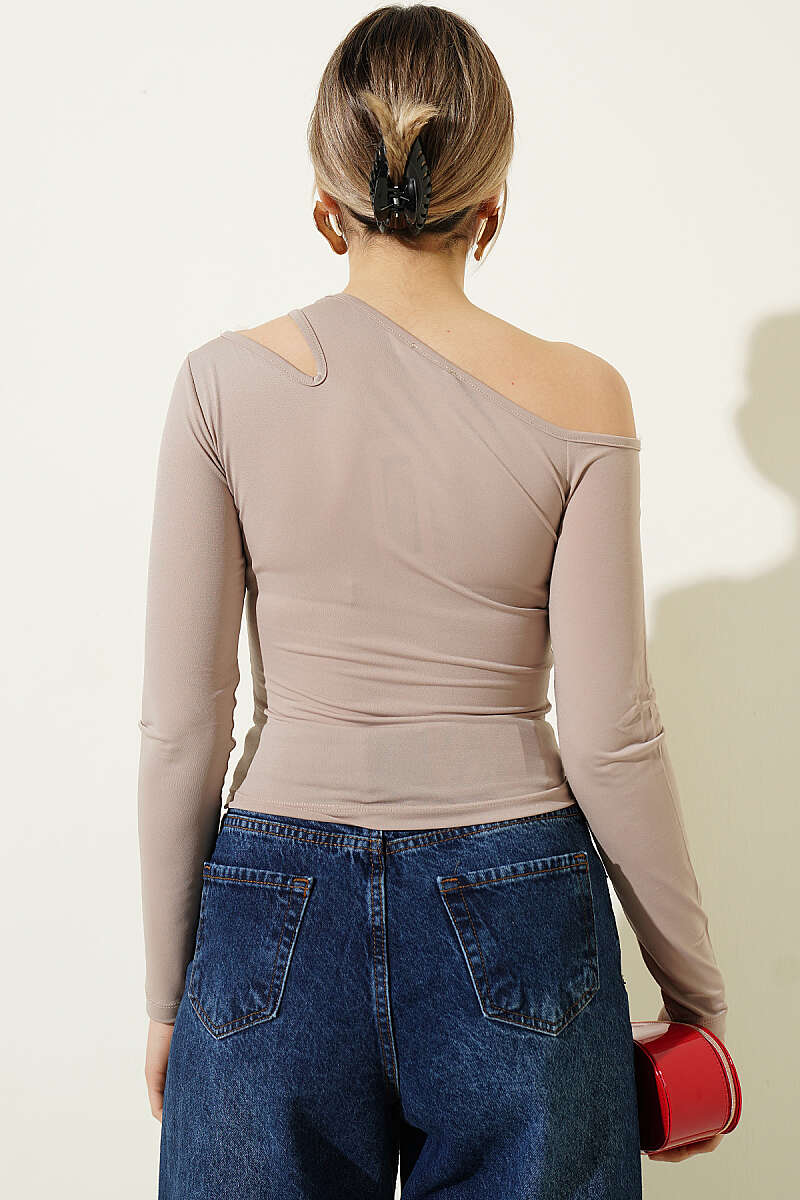 Blouse with Asymmetric Shoulder Detail - Beige