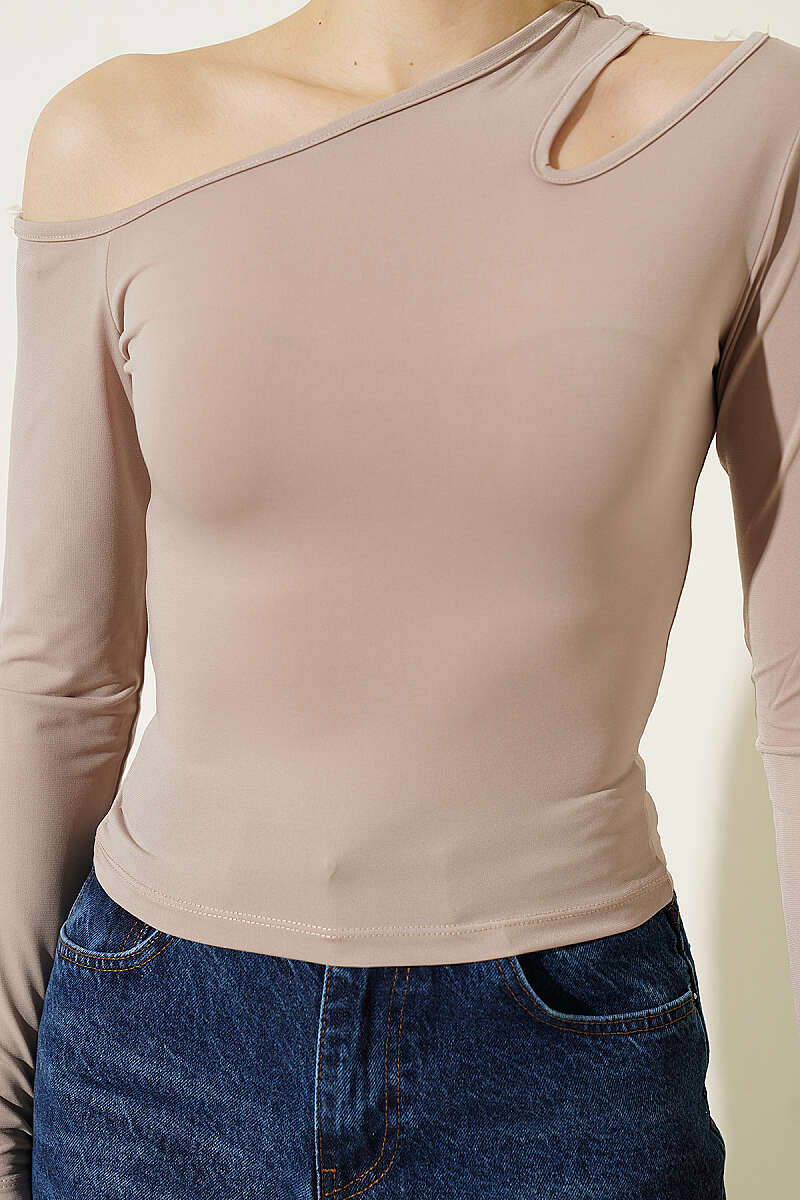 Blouse with Asymmetric Shoulder Detail - Beige