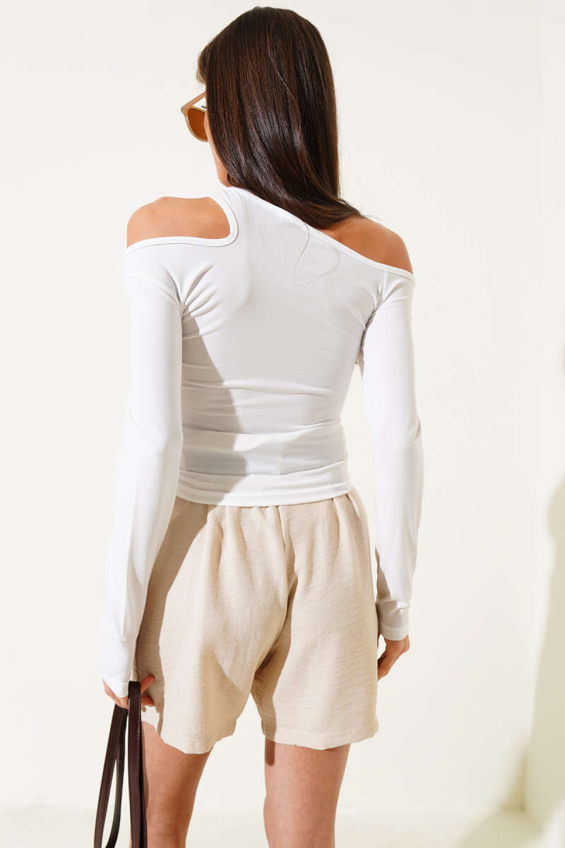 Blouse with Asymmetric Shoulder Detail - Ecru