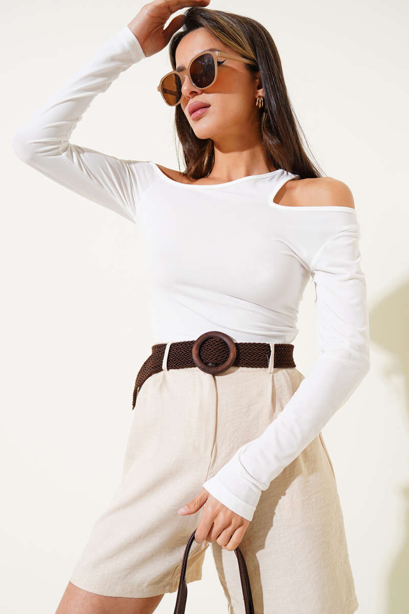 Blouse with Asymmetric Shoulder Detail - Ecru