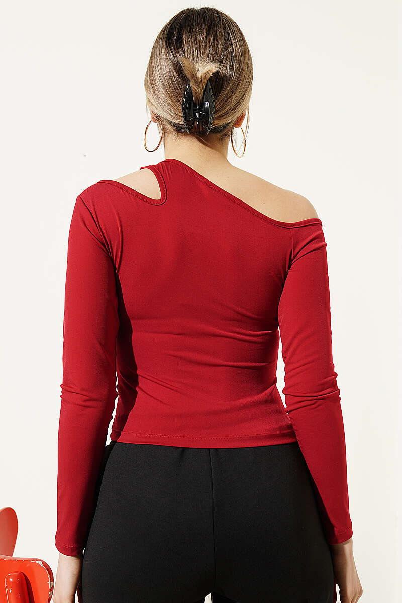 Blouse with Asymmetric Shoulder Detail - Red