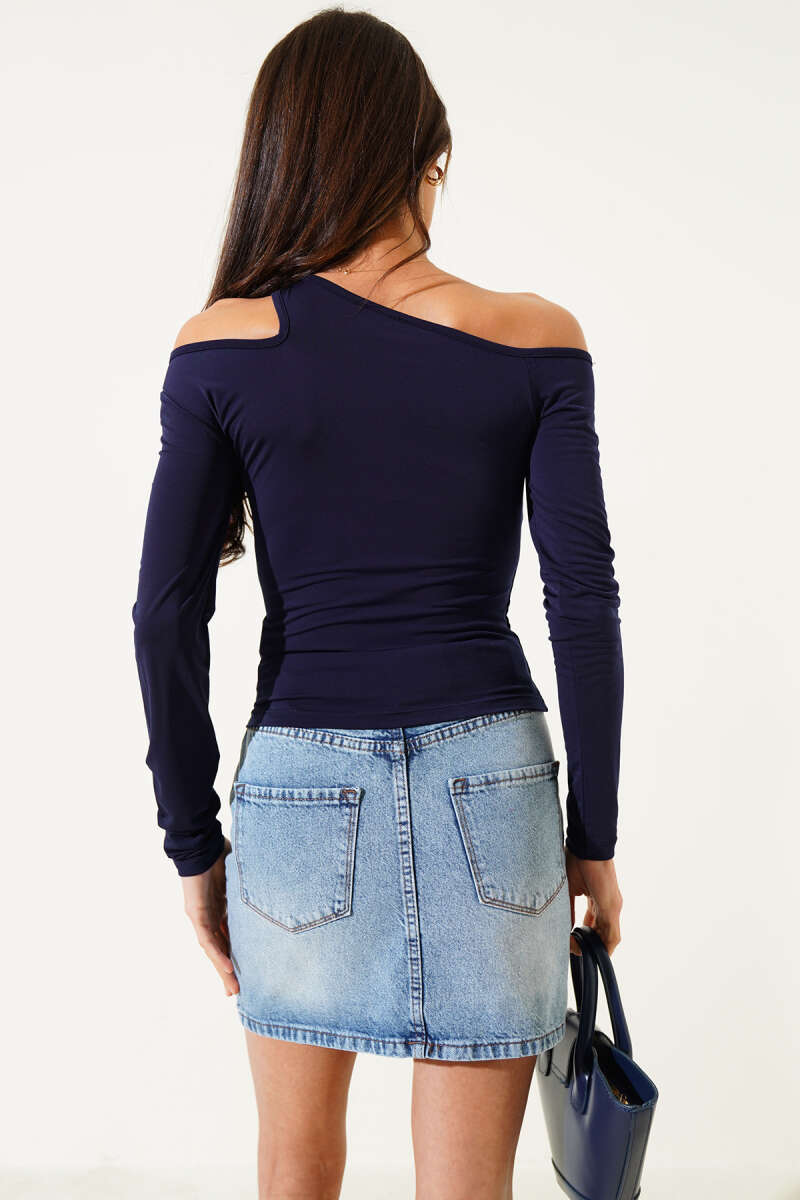 Blouse with Asymmetric Shoulder Detail - Navy