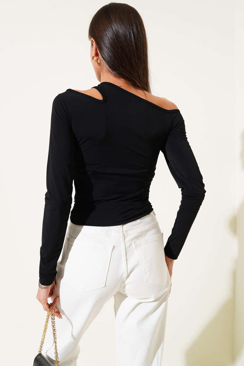 Blouse with Asymmetric Shoulder Detail - Black