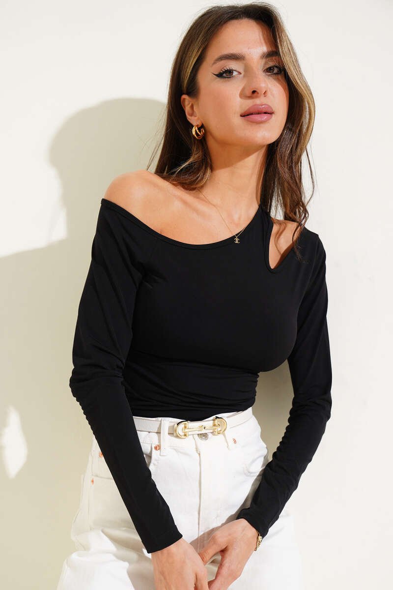 Blouse with Asymmetric Shoulder Detail - Black