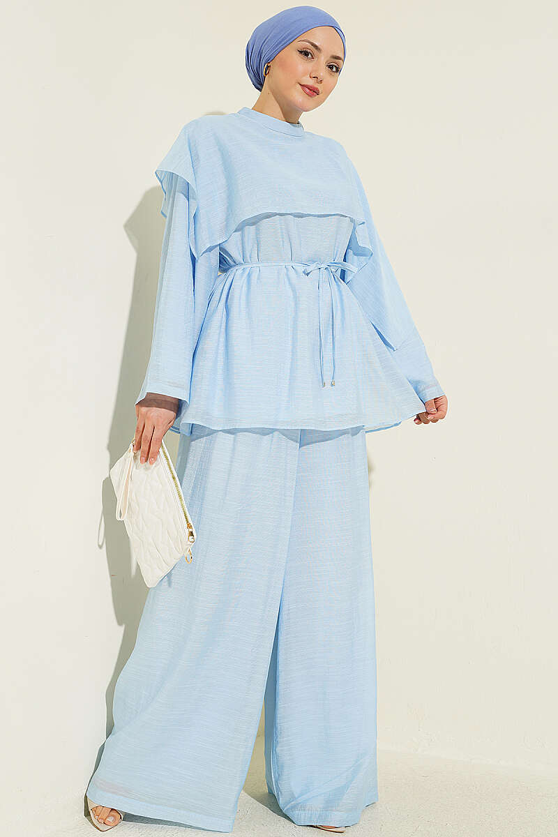 Two-Piece Set with Asymmetric Shoulder Cape - Light Blue