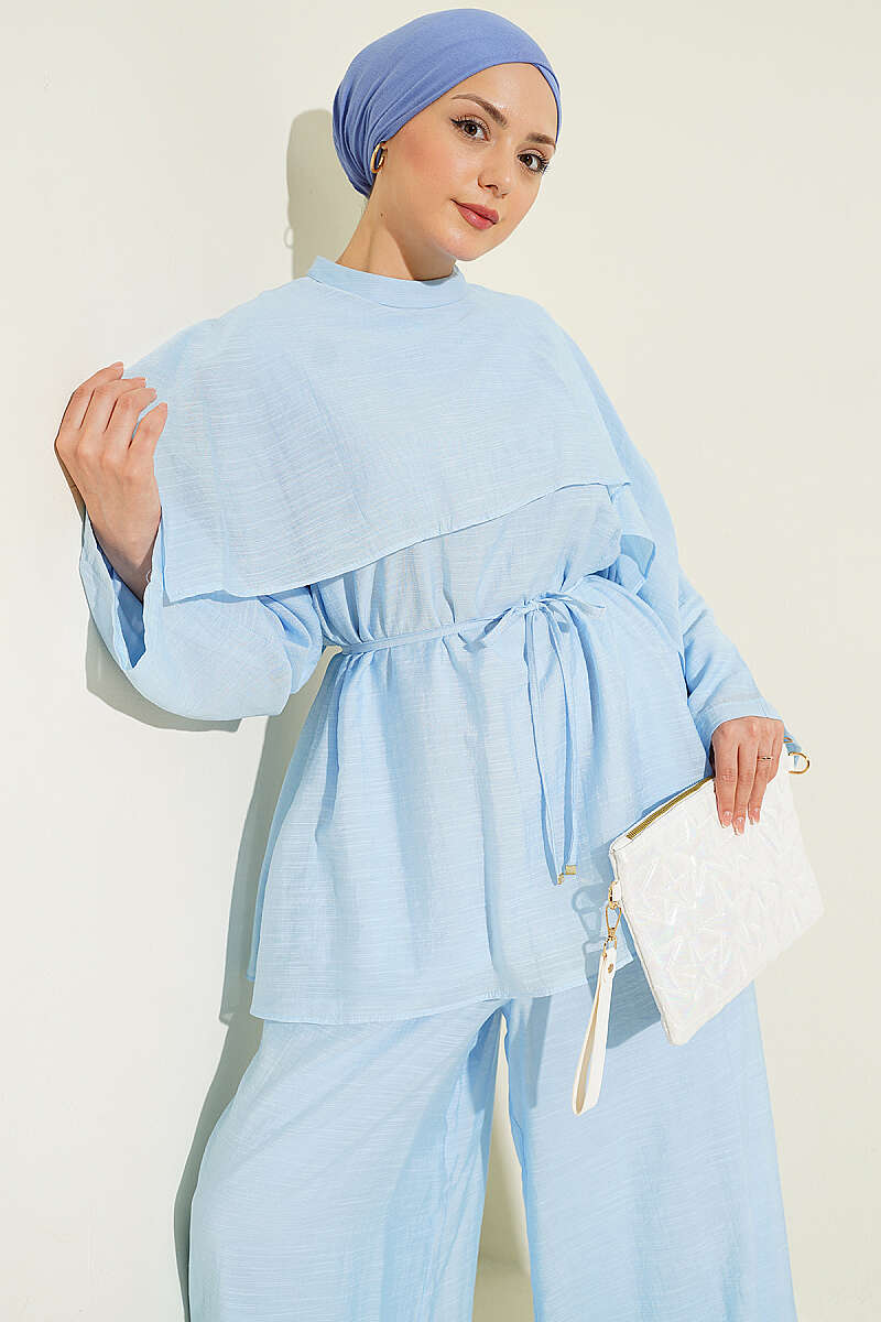Two-Piece Set with Asymmetric Shoulder Cape - Light Blue