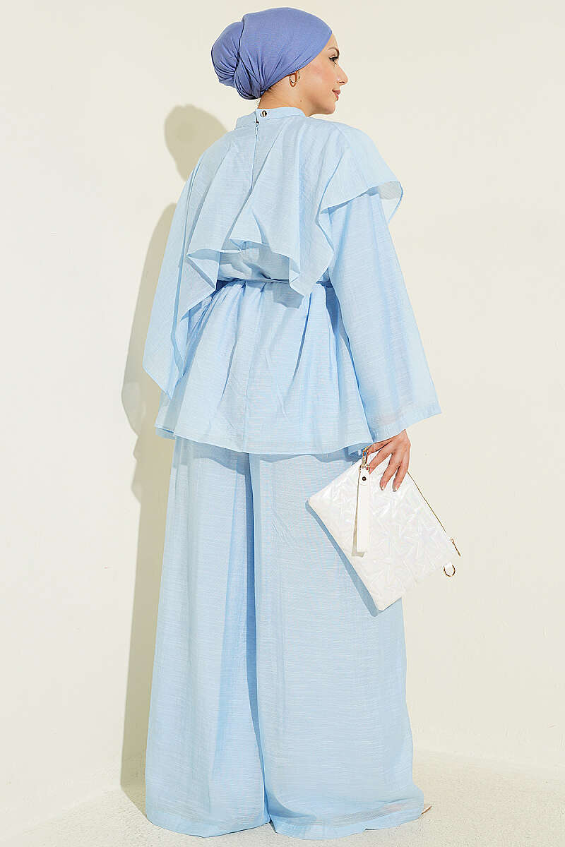 Two-Piece Set with Asymmetric Shoulder Cape - Light Blue