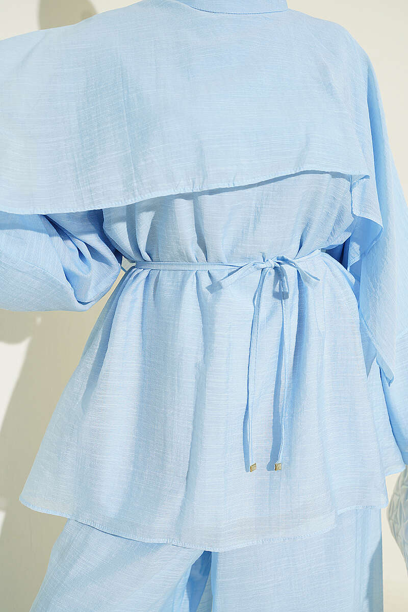 Two-Piece Set with Asymmetric Shoulder Cape - Light Blue