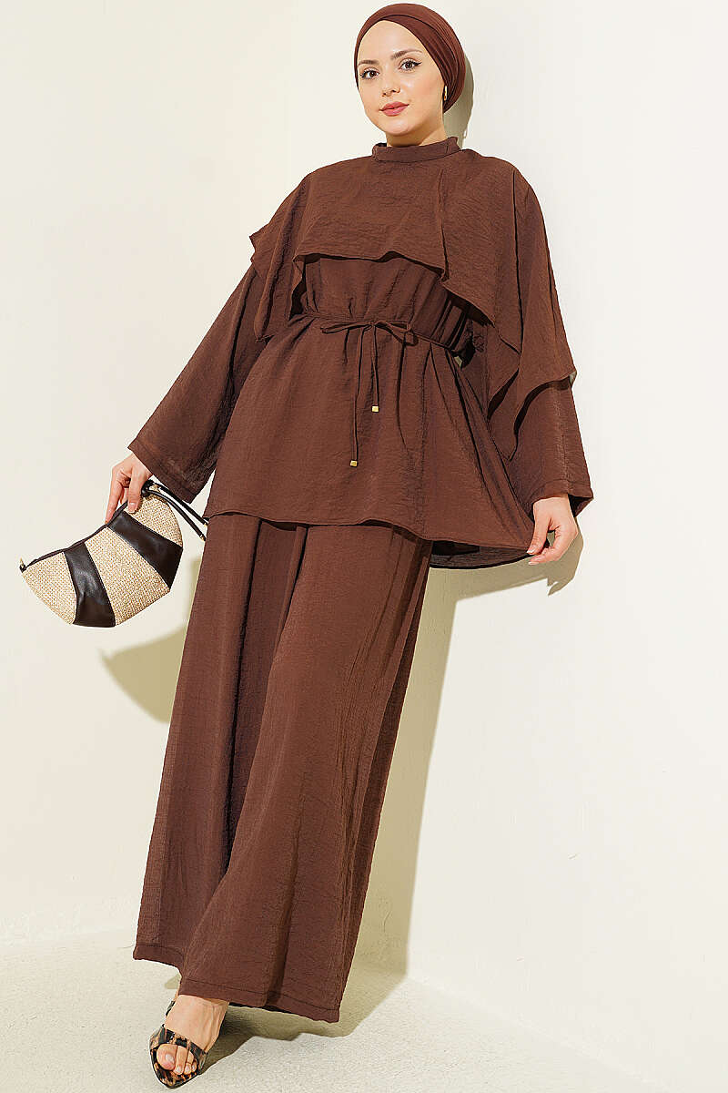 Two-Piece Set with Asymmetric Shoulder Cape - Brown