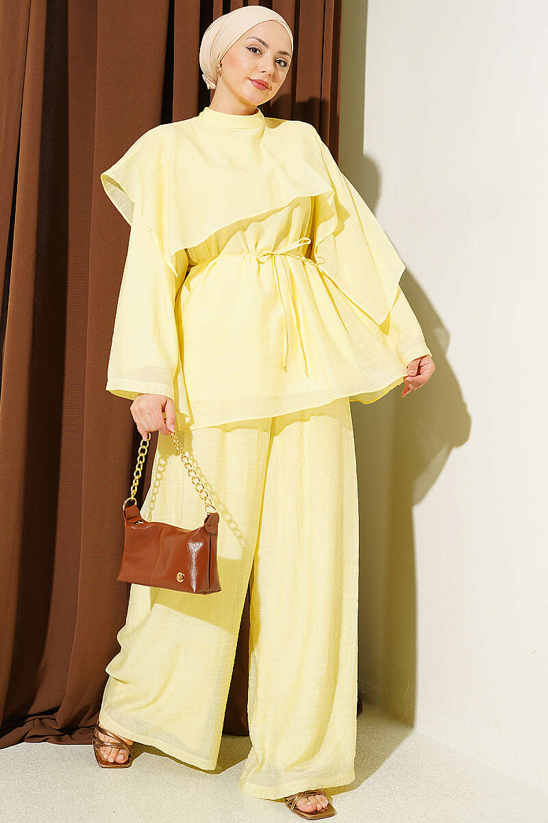Two-Piece Set with Asymmetric Shoulder Cape - Yellow