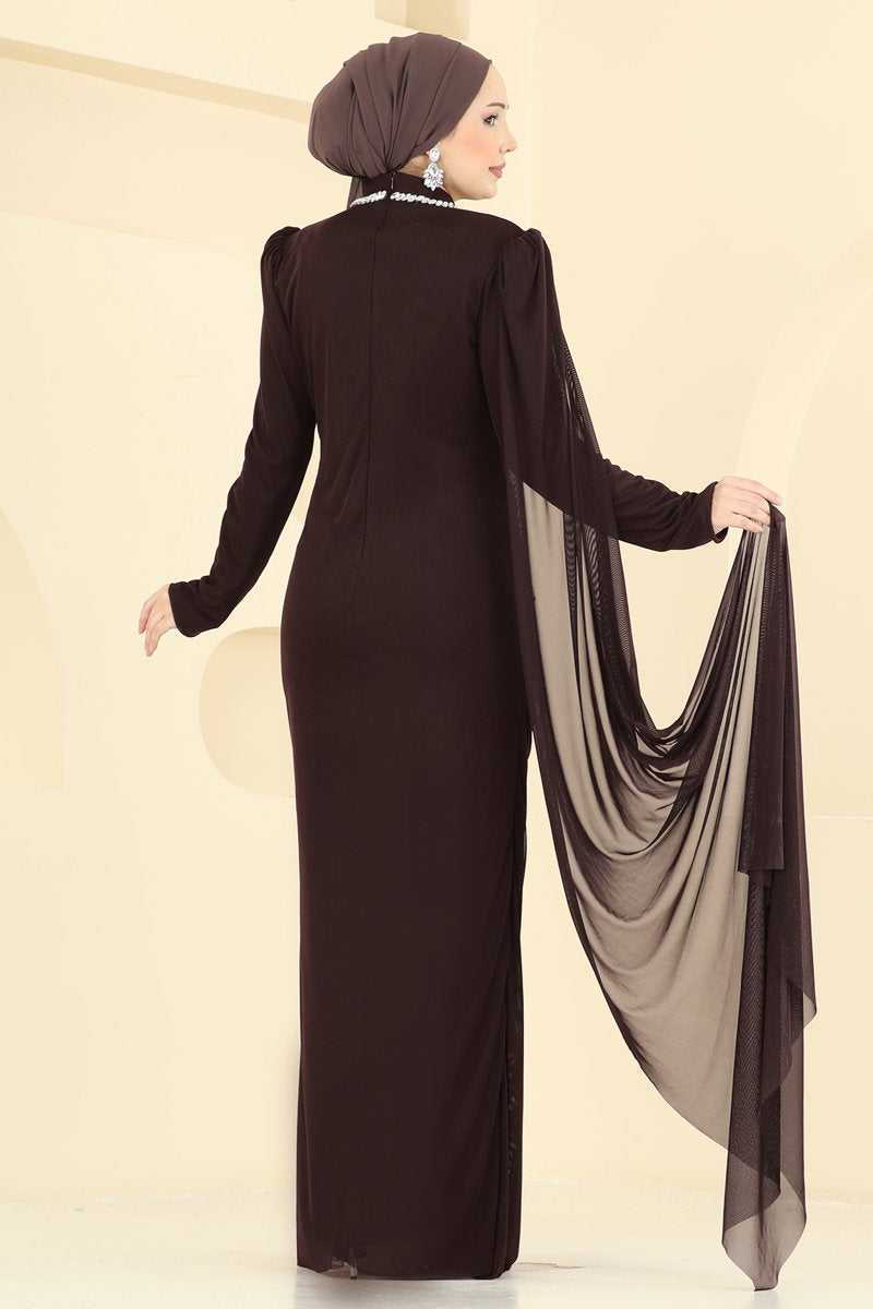 Asymmetric Stone-Embroidered Evening Dress - Dark Brown