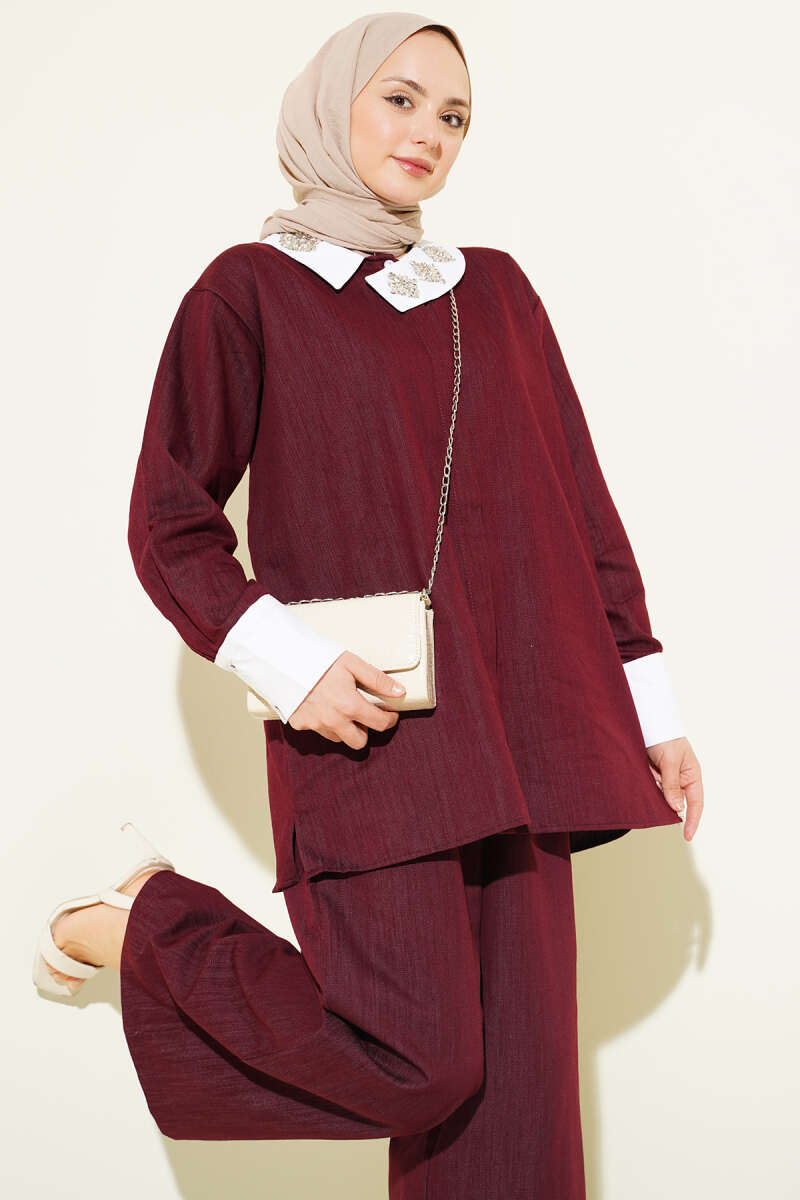 Asymmetric Two-Piece Set with Stone Collar - Burgundy