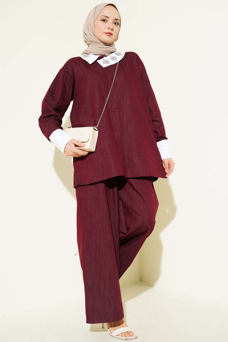 Asymmetric Two-Piece Set with Stone Collar - Burgundy