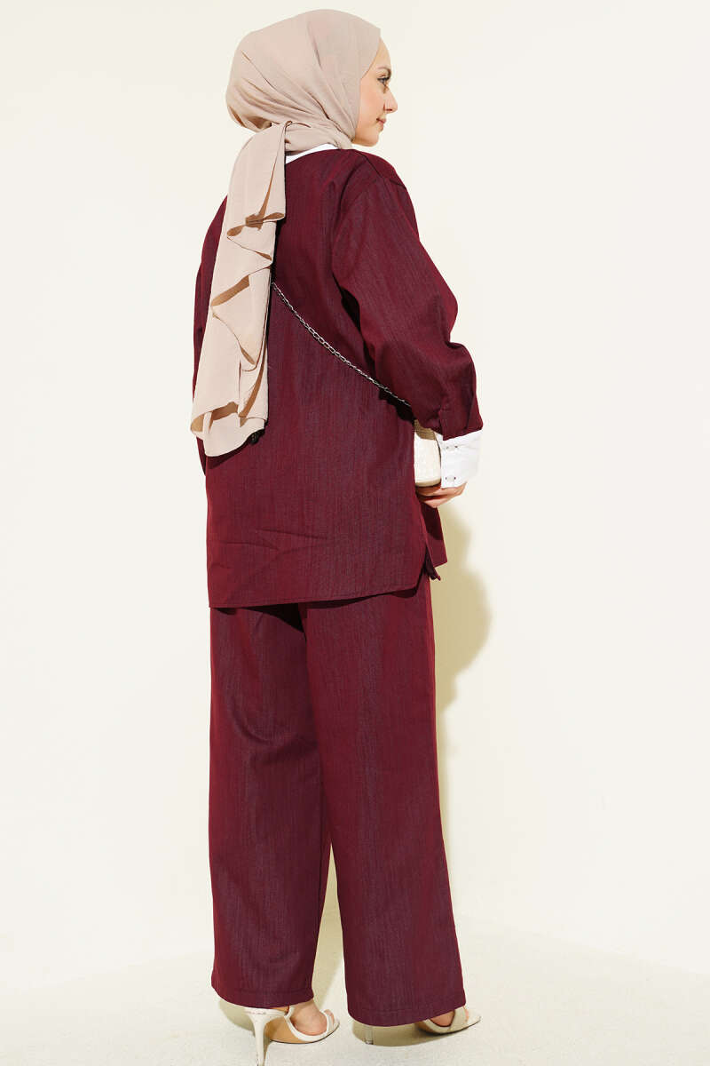 Asymmetric Two-Piece Set with Stone Collar - Burgundy