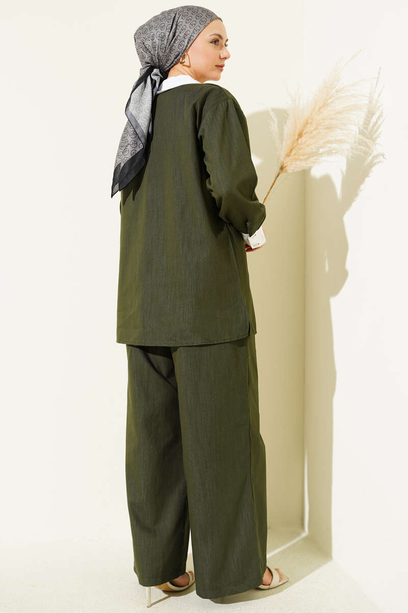 Asymmetric Two-Piece Set with Stone Collar - Khaki