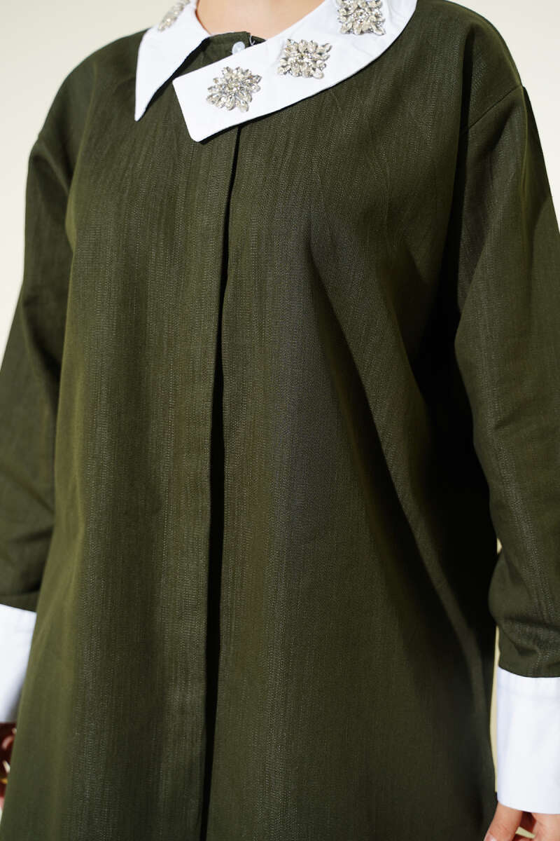 Asymmetric Two-Piece Set with Stone Collar - Khaki