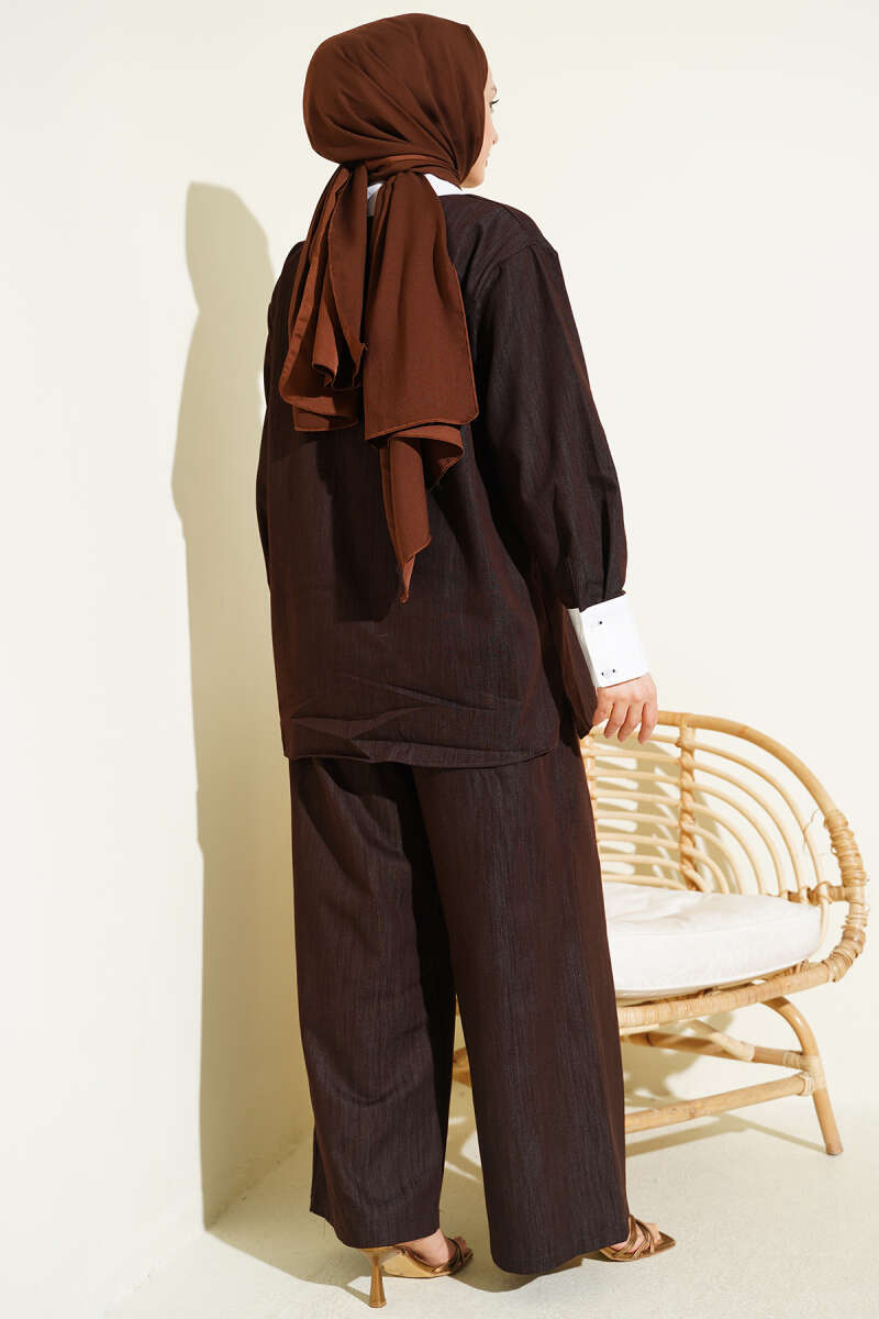 Asymmetric Two-Piece Set with Stone Collar - Brown