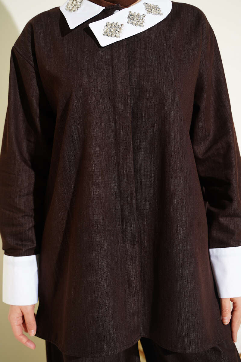 Asymmetric Two-Piece Set with Stone Collar - Brown