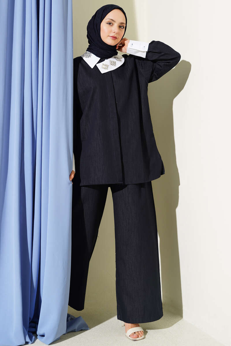 Asymmetric Two-Piece Set with Stone Collar - Navy