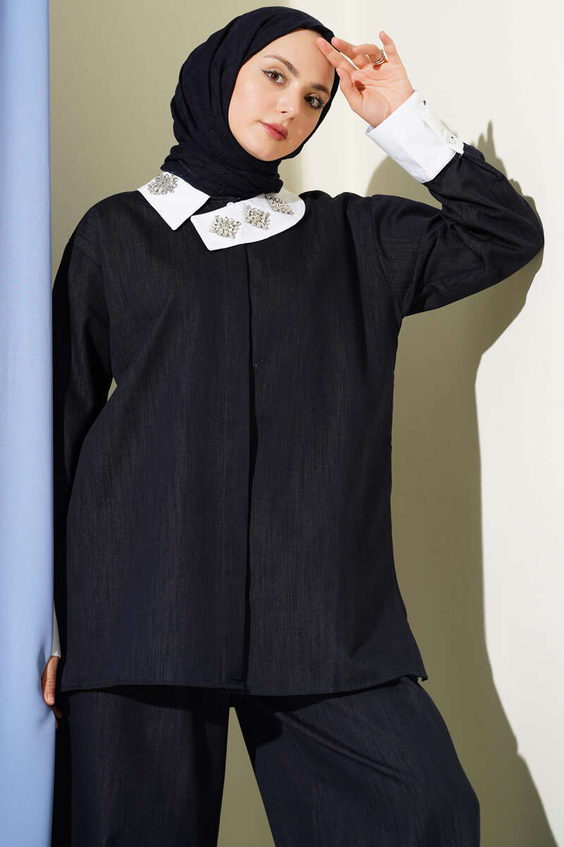 Asymmetric Two-Piece Set with Stone Collar - Navy