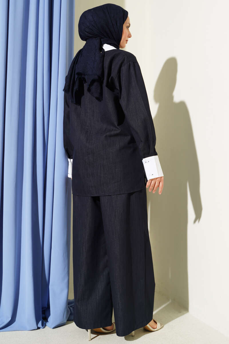 Asymmetric Two-Piece Set with Stone Collar - Navy